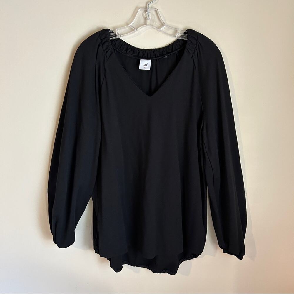 CAbi Black V Neck Ruched Collar Long Sleeve Stretchy Thick Blouse Size Medium
